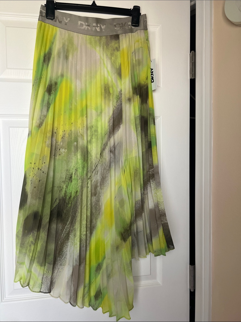DKNY Asymmetrical Pleated Skirt in Lime Green, Gray and White